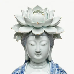 shiny, glazed, ming dynasty patterned, porcelain head of a woman, high resolution, fine details, the head is covered in giant white, detailed lotus flowers, by daniel arsham and james jean on a white background, trending on artstation
