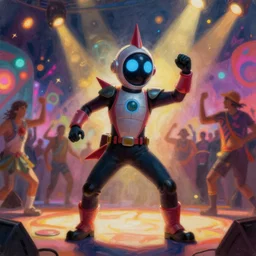 high detailed painting of the adult version Otto Rocket dancing at a psychedelic rave