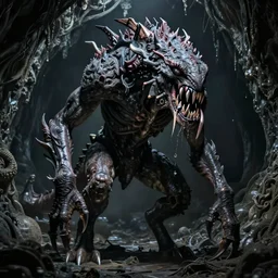 tall bipedal creature in the darkness, claws, large long pointy teeth, drooling, shadowy cavern, highly intricate, detailed, 8 k, octane render