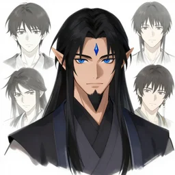 male black haired elf, black goatee, blue eyes, blue gem in forehead, artstation, style of jesper ejsing, by rhads, makoto shinkai and lois van baarle, ilya kuvshinov, ossdraws