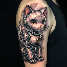 Anime manga robot!! cat tattoo, cyborg cat, exposed wires and gears, fully robotic!! cat, manga!! in the style of Junji Ito and Naoko Takeuchi, cute chibi cat, tattoo on upper arm, arm tattoo