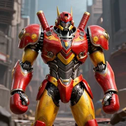 a shiny ornate boxing humanoid mecha in ruin city, victory, punk style, by war robots, real steel ( 2 0 1 1 ), westworld and eve venture and pacific rim and machine warrior 5, cryengine, frostbite 3 engine, scarlet and yellow scheme, sharp focus, 8 k, high definition, insanely detailed, soft lighting, smooth face