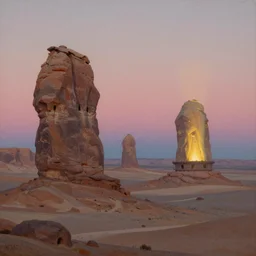beacons of soft light drifting above a desert, alien rock formations, classical landscape painting, oil paints, highly detailed, late evening with pink light on the horizon