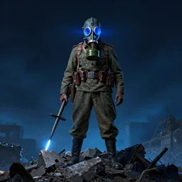 portrait of futuristic world war 1 russian flamethrower soldier with gp - 5 gas mask with blue light glowing, on top of a giant debris pile, dark night background, blue filter, high details, dripping paint, greg rutkowski, craig mullins, ash thorpe, fibonacci rhythm ar