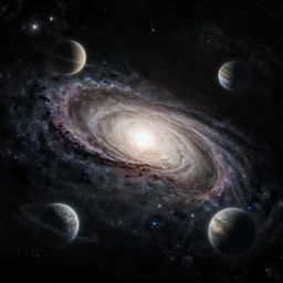 a vast galaxy, five planets, intricate, highly detailed, digital painting, concept art, illustration, deep dark, artstation, Profound and vast, black