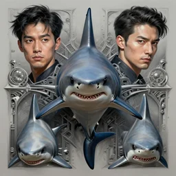 shark - ron cheng & alphonse mucha, highly detailed, digital painting, ray tracing, concept art, illustration, smooth sharp focus, intricate, symmetry, artstation,