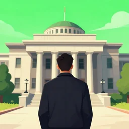 a man standing in front of a courthouse, jury duty, bored, anger, bright green sky, digital art, backshot angle
