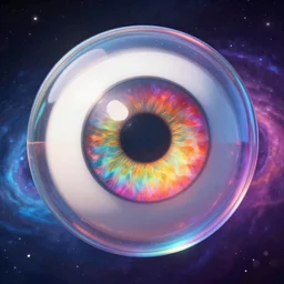 big eye with colorful big iris in glass sphere at the center of the universe, 4k , 3d render , psychedelic colors