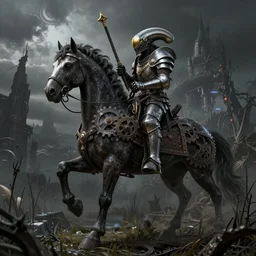 gears of war alien knight in medieval plate armor on a giant horse, the feeling of magical grimdark magic power and dispair, on a dark swampy bsttlefield, high quality, detailed, 8k, unreal engine, octane render, trending on artstation