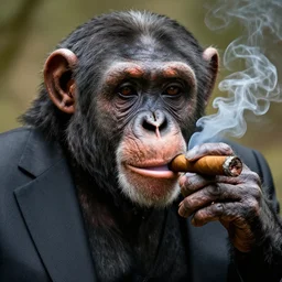 a high detail closeup shot of a  chimp wearing a suit and smoking a cigar