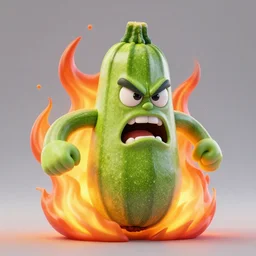 highly detailed 3 d render of a raging mad angry zucchini character, burning scissors flying, dirt road, scared tomates scattered everywhere, high speed action, explosions, dramatic scene, hyper realistic octane render, cinematic lighting, tomato splatter, deviantart, black sky, lowbrow, surrealism, pixar still, mayhem