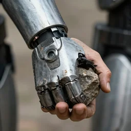 extreme close - up shot of robocop arm holding a rock, human - skin tone, photorealistic
