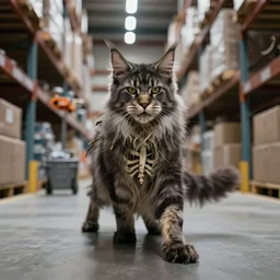 picture of frostmourne, the skeleton of a maine coon cat zombie prowling through amazon warehouse factory floor