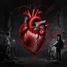 dripping anatomical human heart with roots growing above it, sadness, dark ambiance, concept by godfrey blow, graffiti by banksy, featured on deviantart, sots art, lyco art, artwork, photoillustration, poster art, black and red