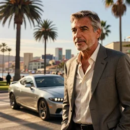 george clooney in gta v. los santos in background, shallow depth of field, palm trees in the art style of stephen bliss