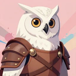 arrogant ancient portrait of white owl with only one eye dressed with a leather armor, pixiv fanbox, dramatic lighting, maximalist pastel color palette, splatter paint, pixar and disney exploded - view drawing, graphic novel by fiona staples and dustin nguyen, peter elson, alan bean, wangechi mutu, clean cel shaded vector art, trending on artstation