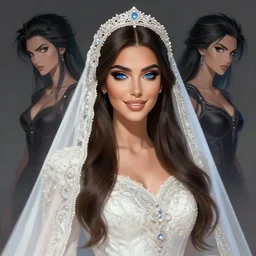 a beautiful arabian woman wearing a wedding dress by karol bak, ayami kojima, artgerm, arabian beauty, blue eyes, smile, concept art, fantasy
