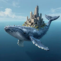 A giant blue whale in an empty ocean, the whale has a city of ruin on it's back, fantasy art, cg artist