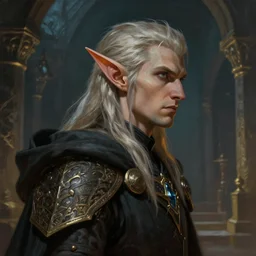 dungeons and dragons elf cleric character closeup side profile portrait, dramatic light, dungeon background, 2 0 0 mm focal length, painted by stanley lau, painted by greg rutkowski, painted by stanley artgerm, digital art, trending on artstation