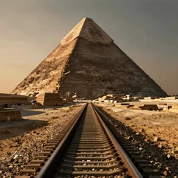 railway tracks going into an egyptian pyramid