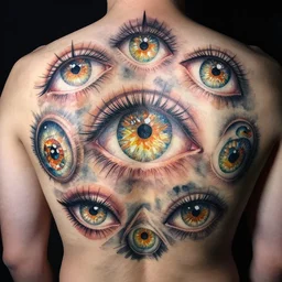 closeup photograph of an incredible watercolor upper back tattoo of countless eyes sparkled like topaz, and all four rims were full of eyes all around, alex grey, peter mohrbacher intricate, model with attractive body, award-winning by rapha lopes, and baris yesilbas, photo taken with dramatic studio lighting by brian ingram