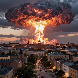 highly quality renaissance era concept art of medieval Helsinki skyline at dusk with a large bright nuclear explosion with a mushroom cloud in the horizon, artstation trending,