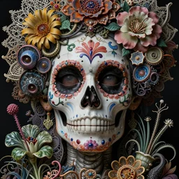 detailed realistic beautiful porcelain calaveras face portrait by jean delville, gustave dore, iris van herpen and marco mazzoni, art forms of nature by ernst haeckel, art nouveau, symbolist, visionary, gothic, neo - gothic, pre - raphaelite, fractal lace, intricate alien botanical biodiversity, surreality, hyperdetailed ultrasharp octane render