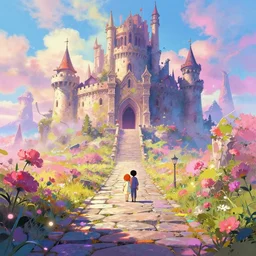 a vibrant emotional digital 3 d cg of stone pathway to dystopian post - apocalyptic abandoned castle, studio ghibli, pixar and disney animation, sharp, disney concept art maximalist splatter paint illustration by shinji kimura and alphonse mucha and alena aenami, iridescent pastel color palette, bloom!!, dramatic lighting