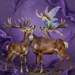 a beautiful matte painting of screaming deer and fairy in colorful purple silk by Dean Ellis, award winning, atmospheric, epic and stunning, intricate details, sense of awe, anthropomorphic, featured on artstation