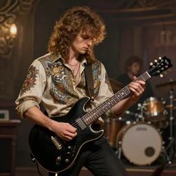 photography of bard wearing a band shirt while playing a black electric guitar at a tavern concert, 8 k, deep focus, d & d, fantasy, intricate, elegant, highly detailed, digital painting, artstation, concept art, matte, sharp focus, illustration, hearthstone, art by artgerm and greg rutkowski and alphonse mucha
