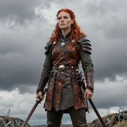 north adult female warrior, red hair, ginger hair, long hair, fantasy, female Viking, high detailed, photography, cloudy, lightweight leather armour, Scandinavia, plain, detailed face, beautiful face, beautiful girl, look into the distance, professional model, glowing skin, serious face, full body,in full growth, professional photographer, masterpiece, 50 mm, 8k, 3D