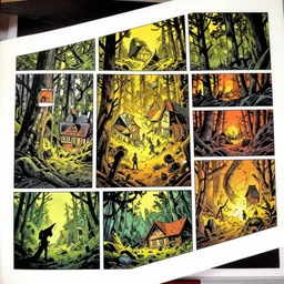 full page comic book drawings of apocalyptic forest village scene, bold color palette, high contrast, by carel willink and jean giraud, comic book panels, octane render
