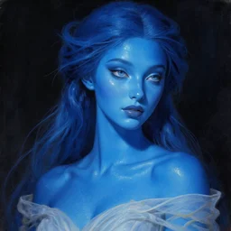 body portrait of beautiful fairy princess with bright blue skin, clothed, blue skin, by terry o'neill intricate, elegant, highly detailed, digital painting, glistening blue skin, artstation, concept art, smooth, sharp focus, bold lighting, deep colors, dark background, illustration, art by artgerm and greg rutkowski and alphonse mucha, 8 k
