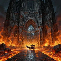 an obsidian gothic cathedral with a giant metallic obsidian door and a path leading to it with a horse-drawn carriage on it, in the elemental plane of fire, with rivers of lava surrounding it, Dungeon and Dragon illustration, painted by Greg Rutkowski, 4k, trending on ArtStation