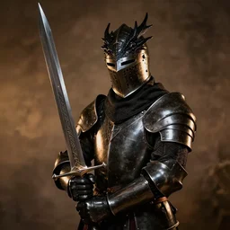 portrait of gothic knight wearing black dragon helmet, holding gigantic berserk sword, detailed, realistic, studio lighting, warm light, mysterious background, shining metal, portrait photography