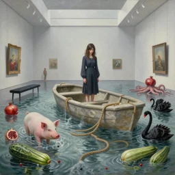 painting of a flooded modern art gallery and a tall emo girl, a large stone, lifeboat, art gallery interior, pig, liminal space, knotted hemp ropes, courgette, waterfall, black bench seat, feminine, organic, pomegranates, octopus, zen, black swans, courgettes, berries, surrealist, by magritte and monet