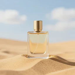 perfume bottle sitting on a mound of golden desert sand, close up shot, upfront, with blue sky and clouds in the background, softly - lit, soft - warm, zen, light, modern minimalist f 2 0 clean, egyptian
