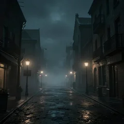 street city at night, gloomy and foggy atmosphere, octane render, rembrandt, cgsociety, artstation trending, horror scene, highly detailded
