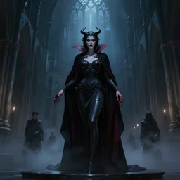 vampire succubus in a gothic cathedral at night, gloomy, cinematic, ground mist, volumetric light highly detailed, digital painting, artstation, concept art, smooth, sharp focus, illustration, unreal engine 5, 8 k, art by artgerm and greg rutkowski and edgar maxence