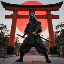 a godlike and indomitable helmeted and masked gopnik posing with their realistic detailed katana and wakizashi under an enormous Torii gate, the Japanese red rising sun in the coming up in background. Badass pose. Photo realistic. Gregory Crewdson. Award winning. Masterpiece, exquisite detail, post processing
