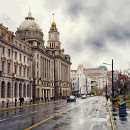 A watercolor about the Bund in modern Shanghai, wet street, cloudy, gloomy, poignant, high contrast, smooth, by Joseph Zbikowicz, 8k