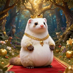 ferret deity, fat figure, cute, elegant, furry, white, gold, warm, wearing a crown, bracelets and necklaces, red carpet, figure, realistic, hair detailing, background is heavenly, wonderland at night, the light in the deep forest full of mythical creatures of the picture, according to european art, golden sacred tree, golden apple, flower garden, hyper realistic render. den