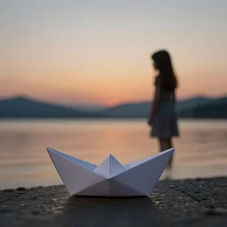 a girl in a origami paper boat at dusk