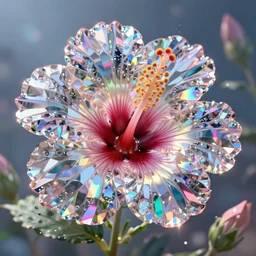 an iridescent hibiscus by beeple and yusuke murata and makoto shinkai, 8 k, 3 d high resolution render, cinematic, unreal engine, featured on artstation, epic scale, volumetric lighting, ultra wide angle, intricate details, crystal, rainbow colors