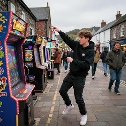 jacky fosset down the arcade in hebden playing crash with newse