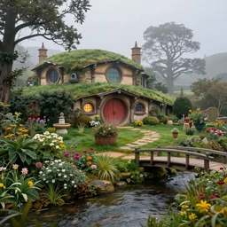 hobbiton architecture with garden, near a stream and small bridge, highly detailed matte painting, foggy evening, by stanley artgerm lau, greg rutkowski, thomas kinkade, alphonse mucha, loish, norman rockwell, artstation, unreal engine 5