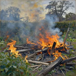 an english garden is in flames. there is destruction. monet