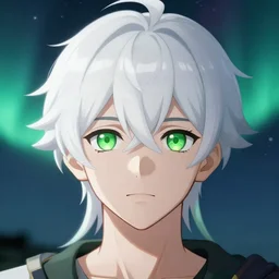 white haired young guy with green eyes on the moon, aurora, stunning anime face portrait, high symmetry, close look, octane engine, makoto shinkai, genshin impact, art, detailed, close shot, light blur