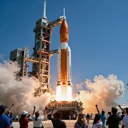 nasa's new baguette rocket about to take off from a launch pad. the photo was taken slightly above a crowd of spectators looking at the baguette rocket and cheering on its launch