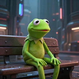 Kermit the frog sitting on a bench in cyberpunk dystopian megalopolis, beautiful digital art, dramatic volumetric lighting, epic composition, 4K ultra HD, Octane render